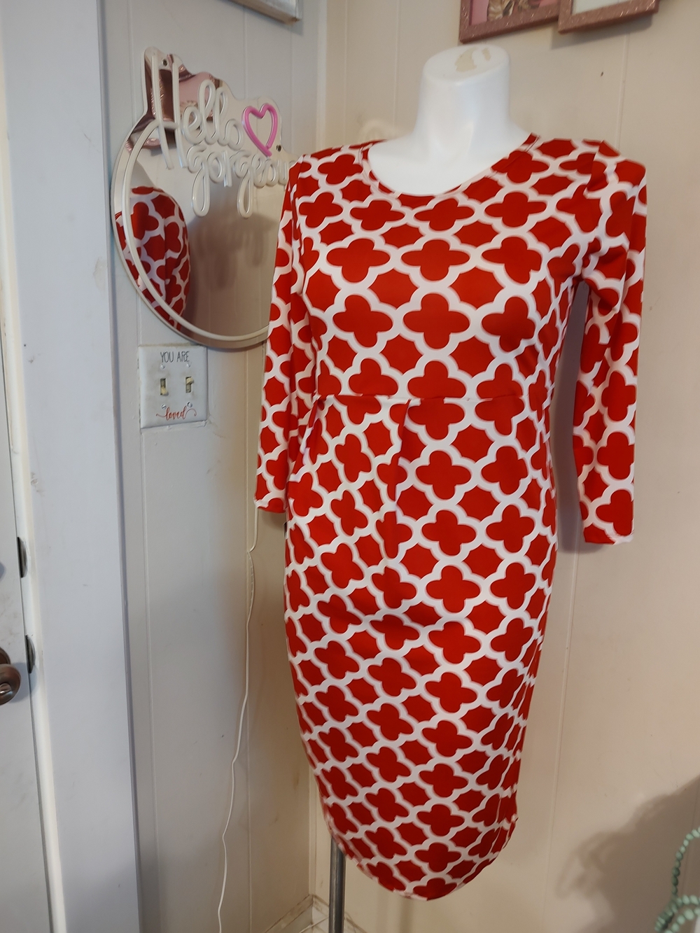 Red and White Geometric Sheath Dress - Women